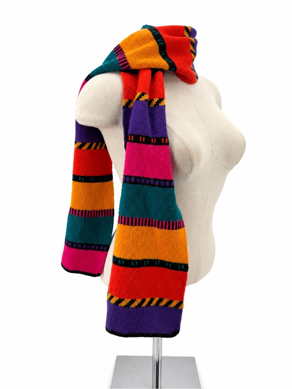 Vintage Gitano Acrylic Colorblock Knit Scarf Purple Pink Teal Orange Retro